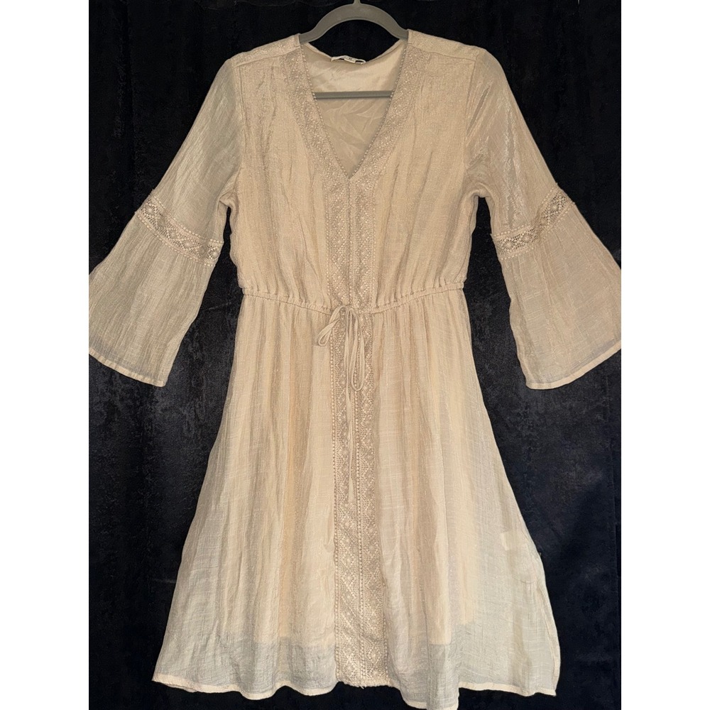 Indigo Rose Beige Crochet Lace Trim Bell Sleeve Boho Mini Dress Womens Medium